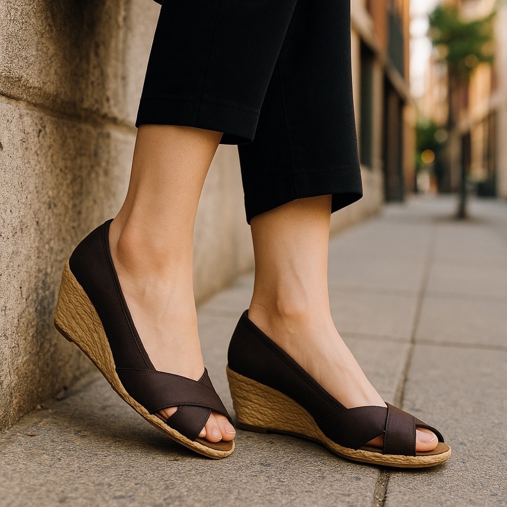 Lauren Ralph Lauren | Deep Brown | Shantung (Silk) Espadrille Wedge | Size 7.5 B